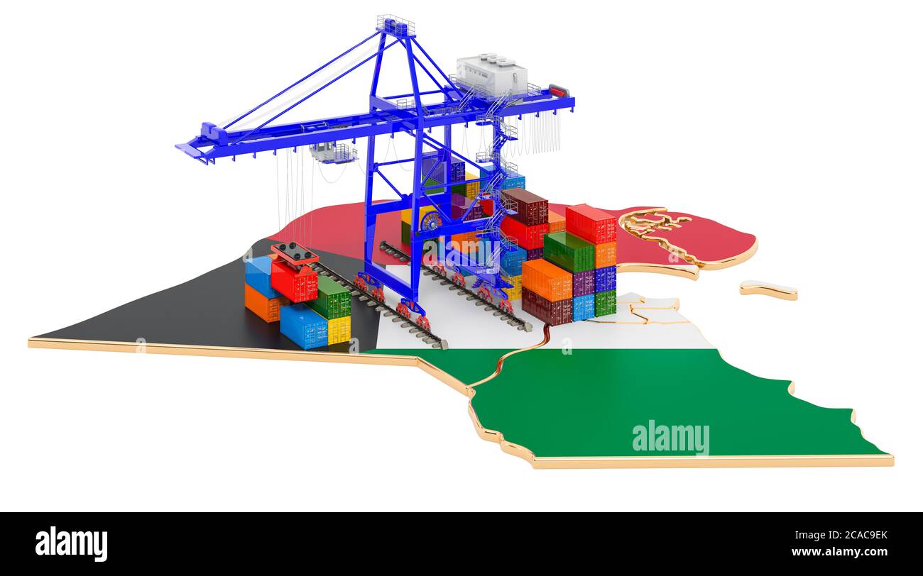 Trasporto di merci in Kuwait concetto. Gru portuali con container sulla mappa Kuwait. Rendering 3D isolato su sfondo bianco Foto Stock