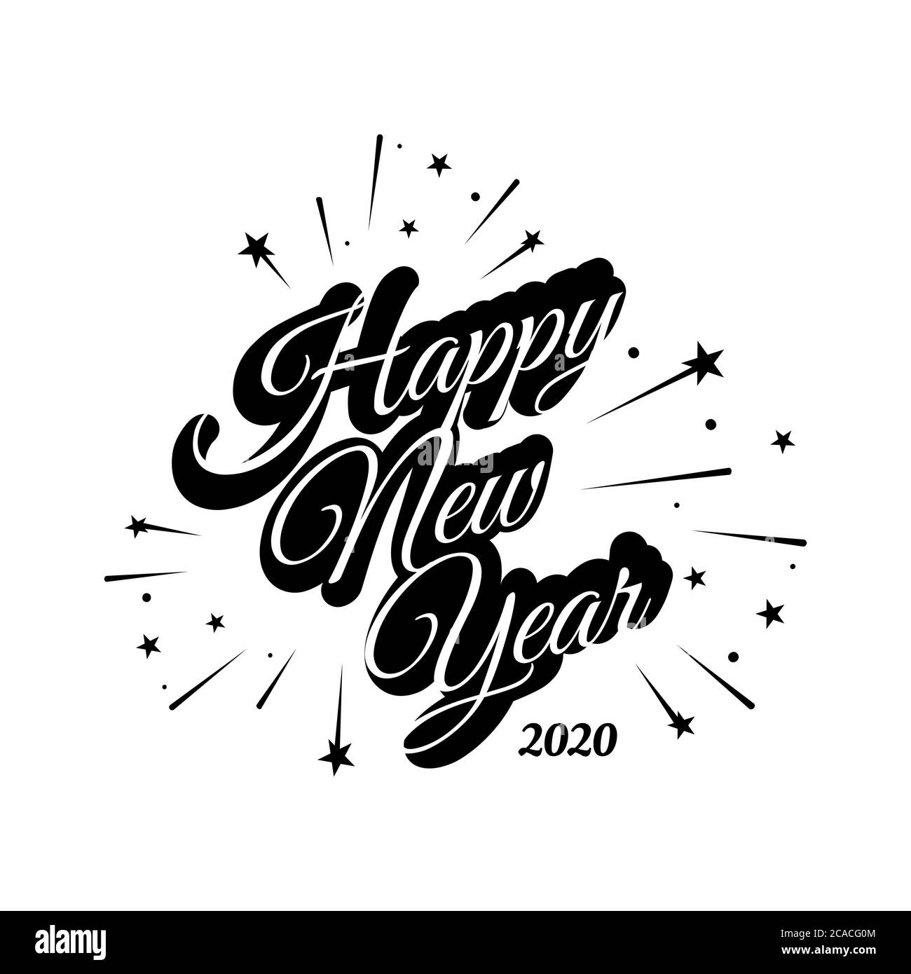 Nuovi stili piatti Hand Drawn Happy new year 2020 lettering vettoriale Illustrazione sfondo idea immagine Illustrazione Vettoriale