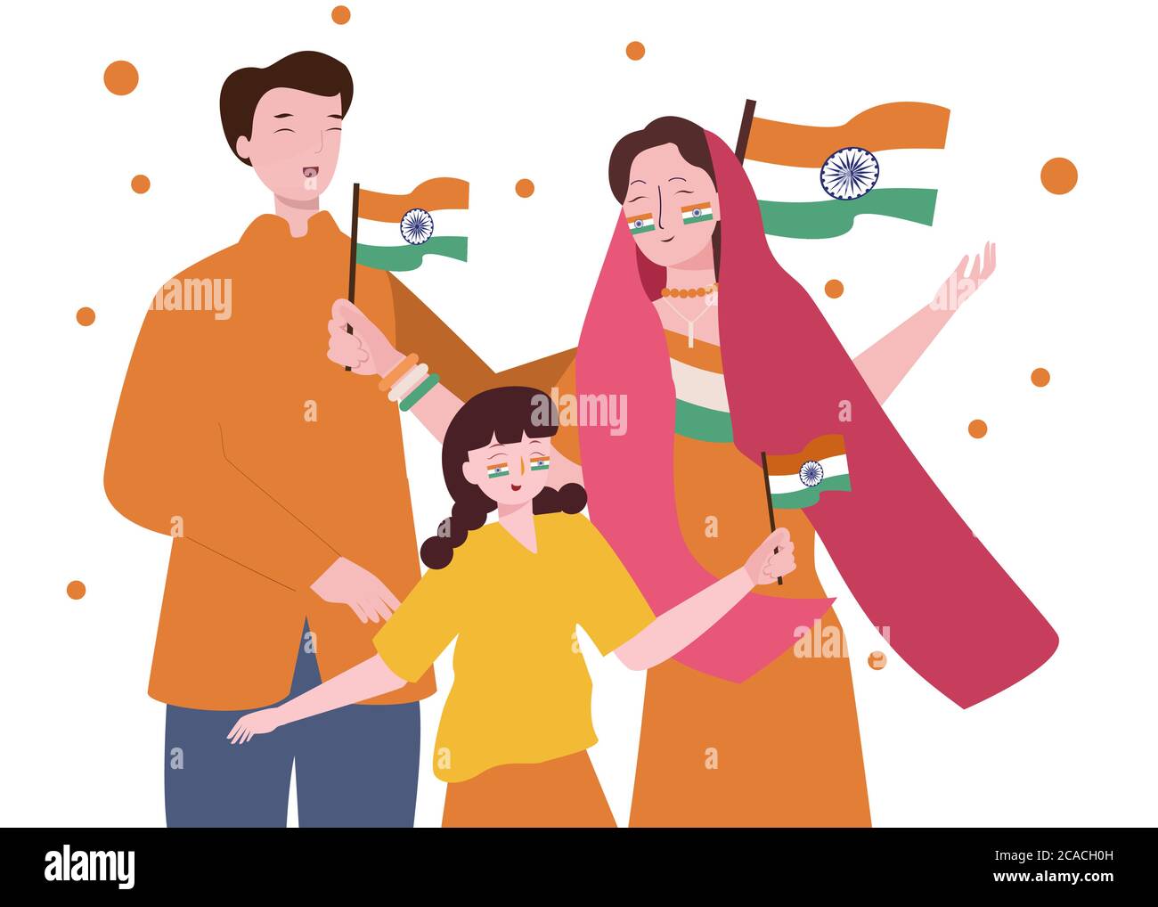 India famiglia madre figlia tenendo bandiera nazionalismo concetto di celebrare l'indipendenza india con stile piatto cartone animato Illustrazione Vettoriale