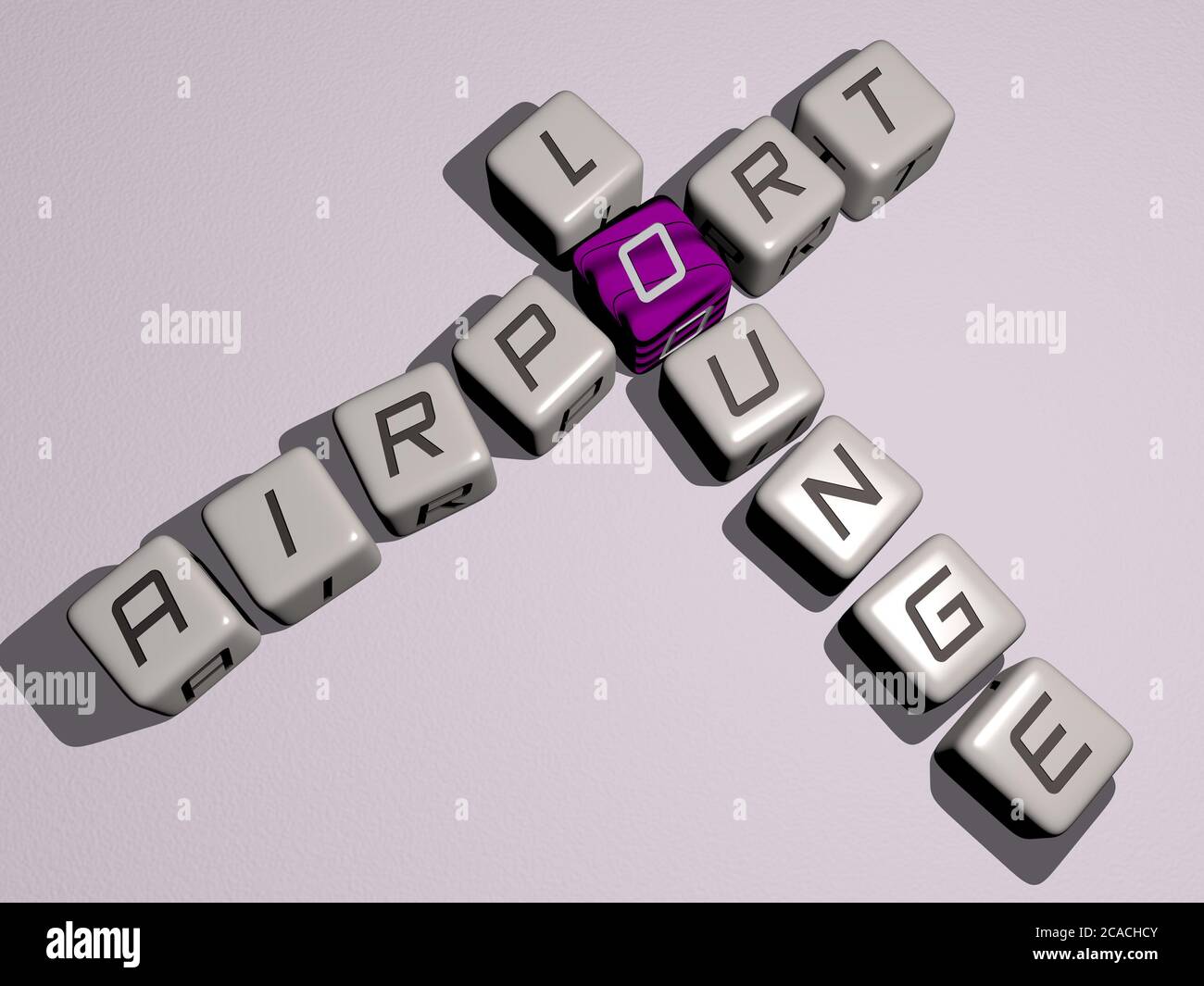 crocevia di lounge aeroporto organizzato da lettere cubiche su un pavimento specchio, significato concetto e presentazione. aereo e aereo. Illustrazione 3D Foto Stock