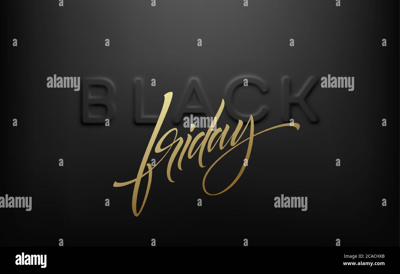 Scritta volumetrica in rilievo con ombra chiara Black Friday su sfondo nero. Scritta calligrafia oro. Elemento di progettazione per poster pubblicitari Illustrazione Vettoriale