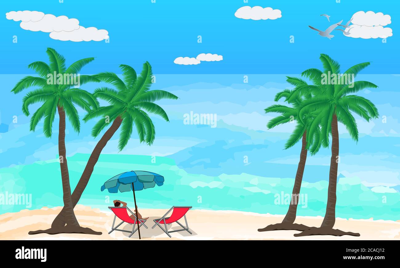 immagine vettore il mare con le persone sedute sulla tela che danzano sulla riva e palme da cocco illustrazione vettoriale Illustrazione Vettoriale