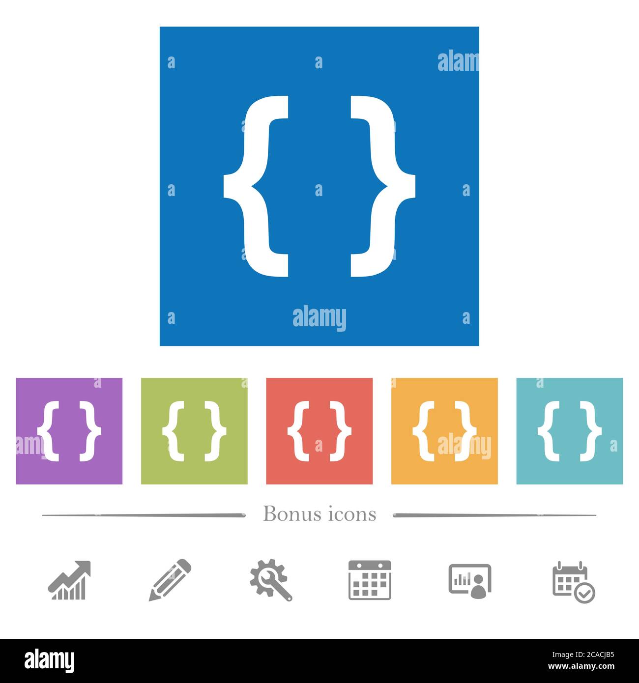 Codice di programmazione icone bianche piatte su sfondo quadrato. 6 icone bonus incluse. Illustrazione Vettoriale