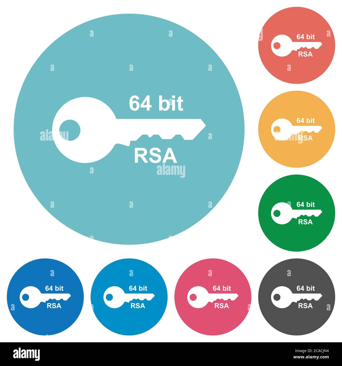 crittografia rsa a 64 bit icone bianche piatte su sfondi rotondi Illustrazione Vettoriale