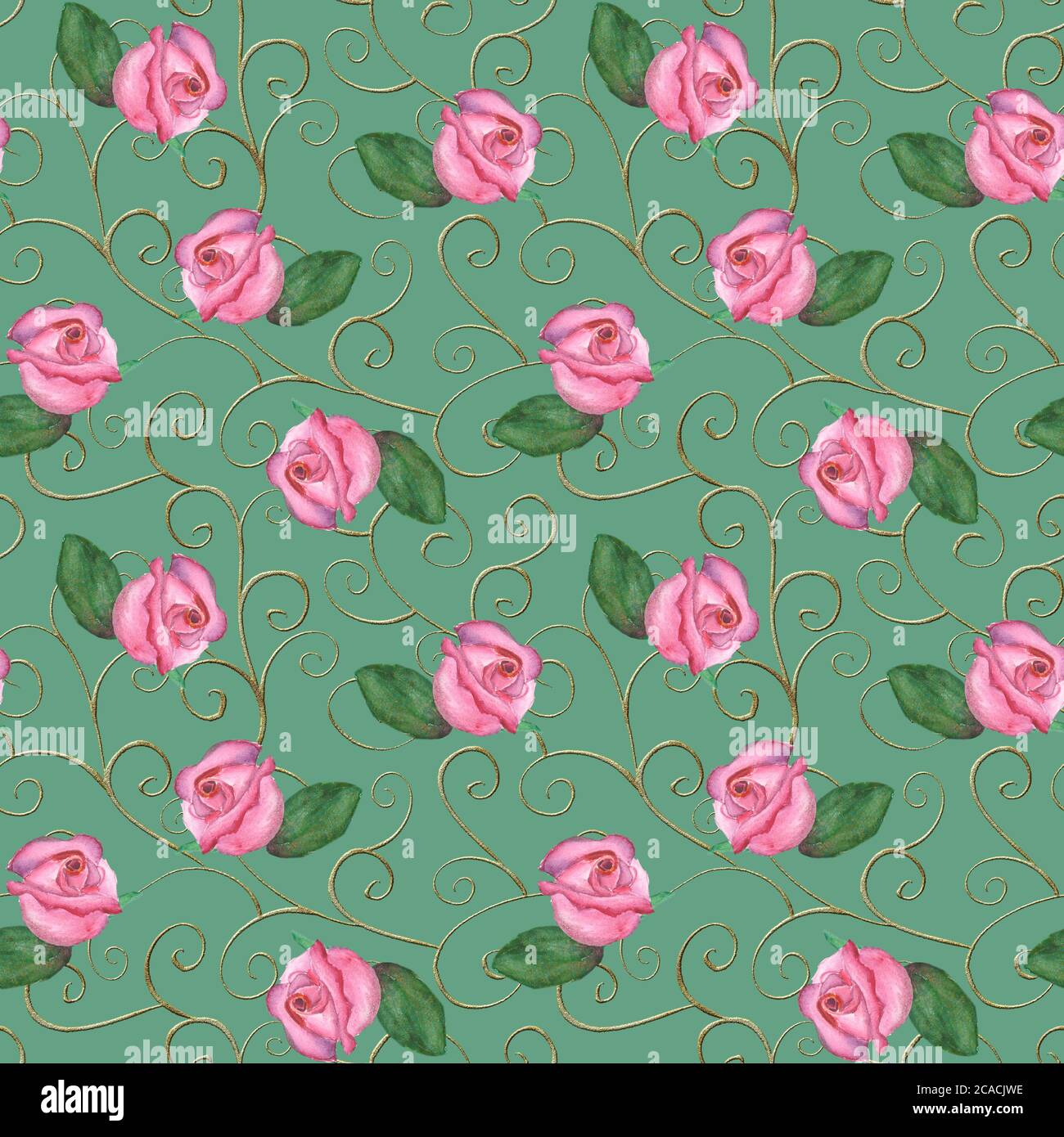 Modello barocco vintage senza giunture con ricci dorati e fiori di rosa su sfondo verde pastello. Acquerello mano disegnata rosa rose ornate. Stampa Foto Stock