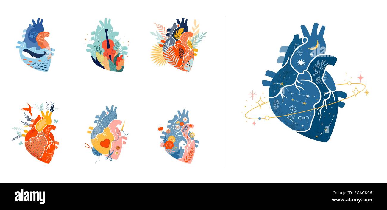 Collezione di cuore anatomico disegno di stampa moderno, opere d'arte Illustrazione Vettoriale