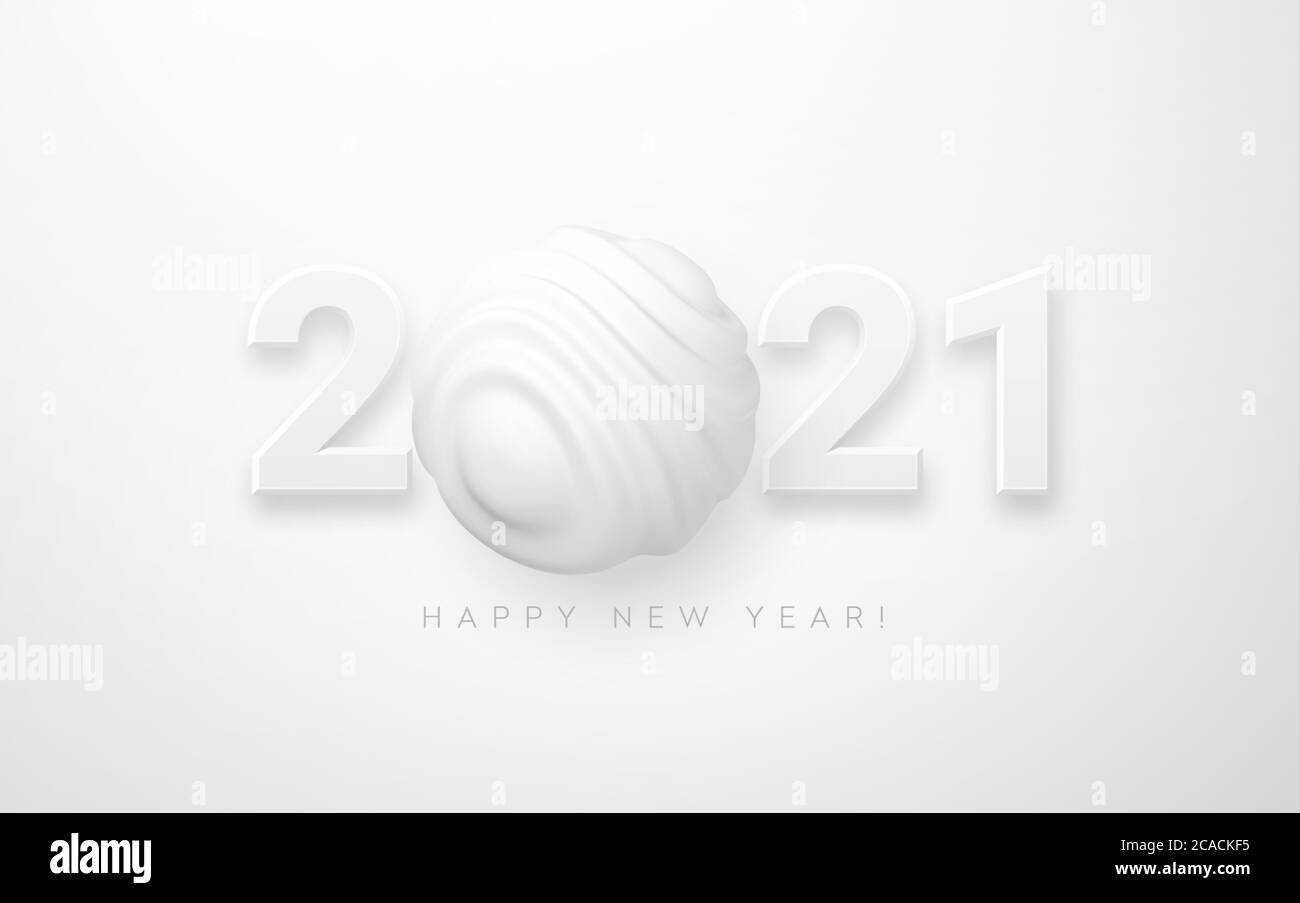 2021 Felice Anno Nuovo. Numero 2021 caratteri 3d realistici con sfera astratta a flusso ondulato forma sfondo di tendenza moderno. Illustrazione vettoriale EPS10 Illustrazione Vettoriale