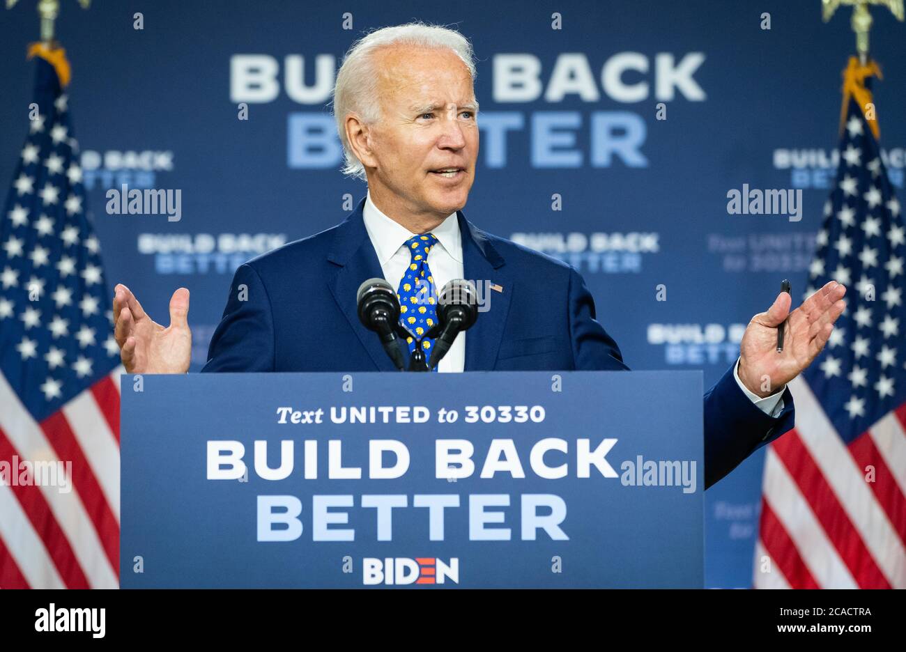 WILMINGTON, DELAWARE, USA - 28 luglio 2020 - il candidato presidenziale americano Joe Biden parla alla conferenza stampa Build Back Better sull'equità economica in Foto Stock