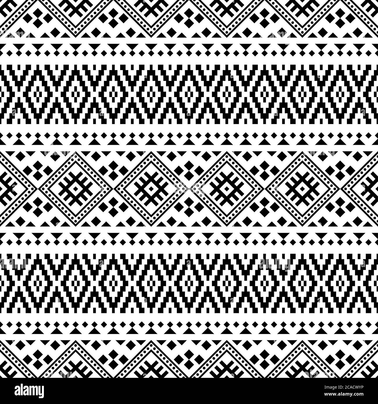 Ikat mostrando modello etnico vector bianco nero colore. Disegno tribale. Design azteca boho rug, tessuto, coperta e sfondo Foto Stock