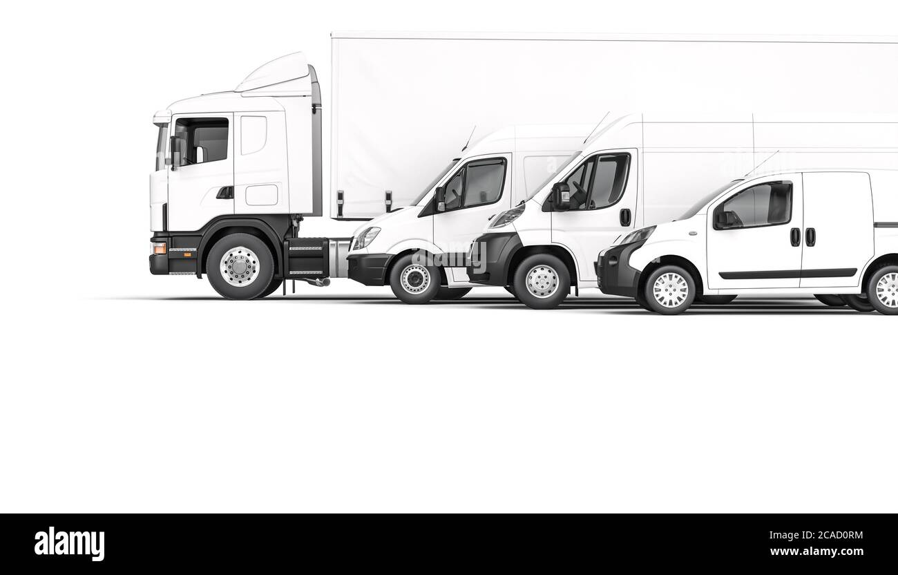 diversi mezzi di trasporto del carico su sfondo bianco. rendering 3d. concetto di spedizione e logistica. Foto Stock