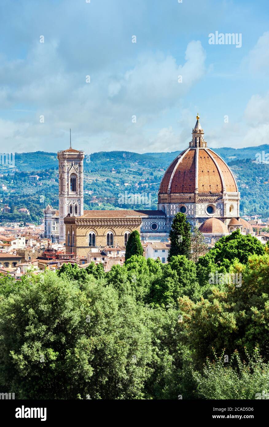 Skyline di Firenze in Toscana dominato dalla suggestiva architettura rinascimentale della cupola del Duomo e dal Campanile di Giotto Foto Stock