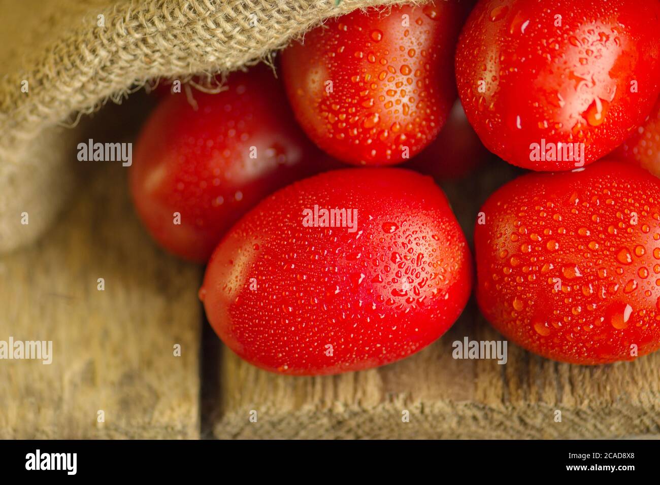 Concetto di prodotto naturale. Pomodori prugnini lunghi freschi in borsa. Foto Stock