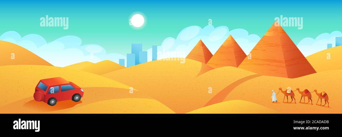 Viaggio in Egitto banner. Viaggio in auto alle piramidi di cartoni animati di Giza. Tour agli antichi templi del faraone, illustrazione piatta vettoriale Illustrazione Vettoriale