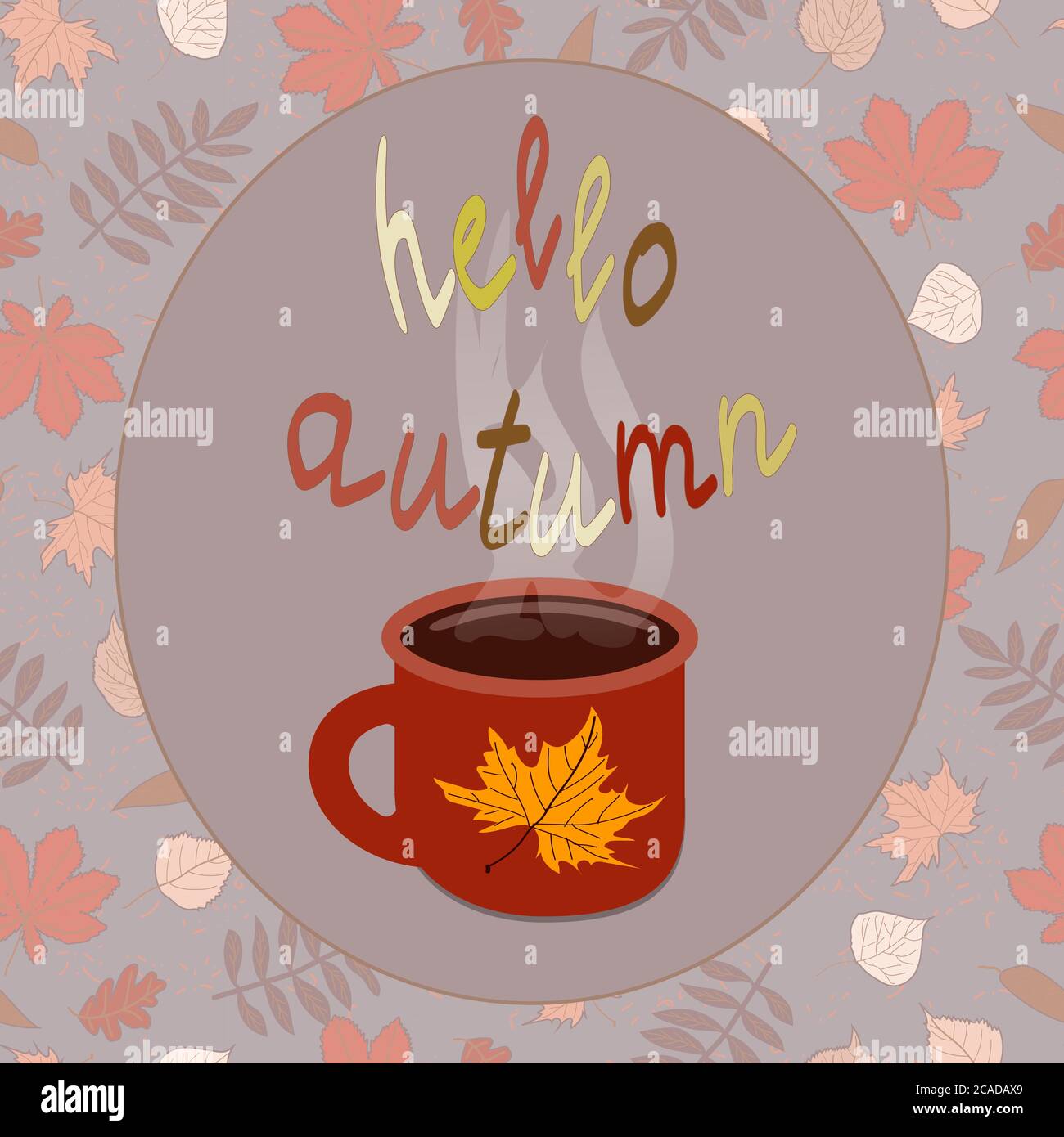 rosso con una foglia gialla d'acero una tazza con caldo il tè e l'iscrizione ciao autunno in una cornice ovale su uno sfondo di foglie d'autunno Illustrazione Vettoriale
