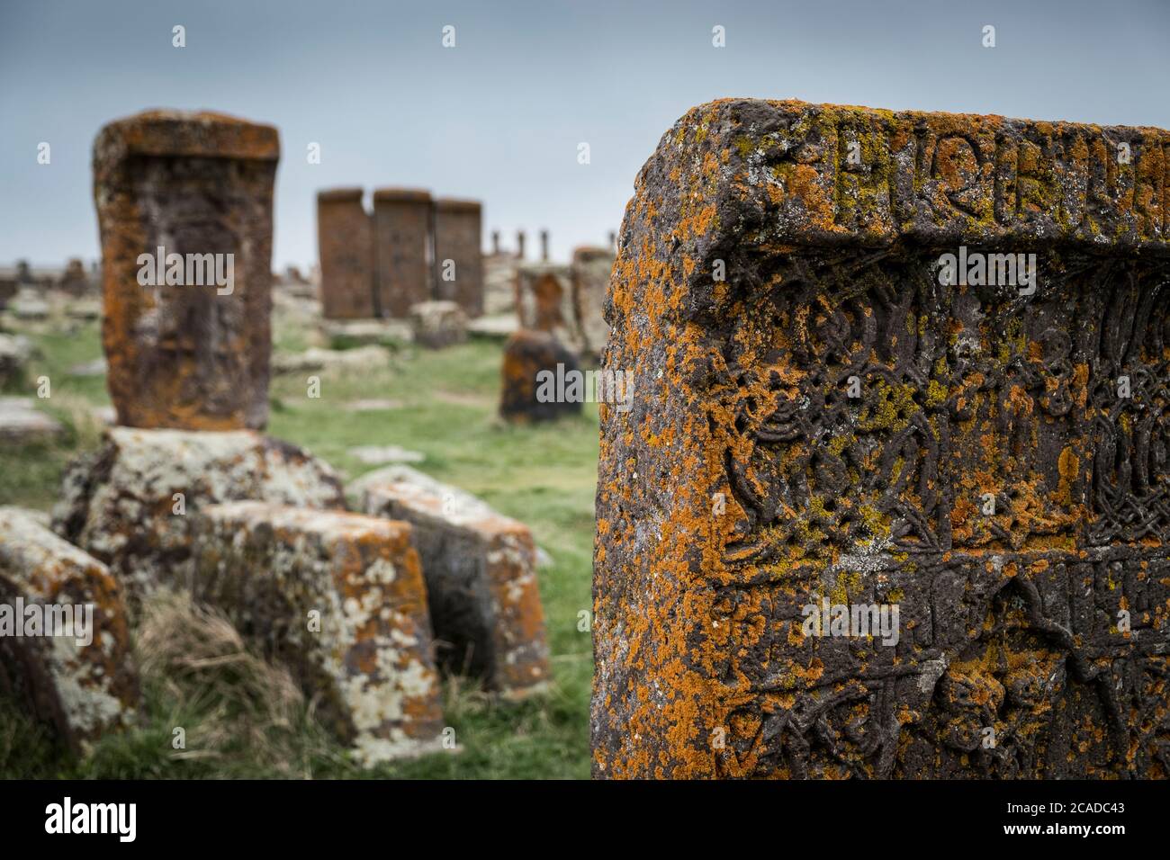 Khachkars nel cimitero storico di Noratus vicino al Lago Sevan, Armenia, Caucaus, Eurasia. Foto Stock