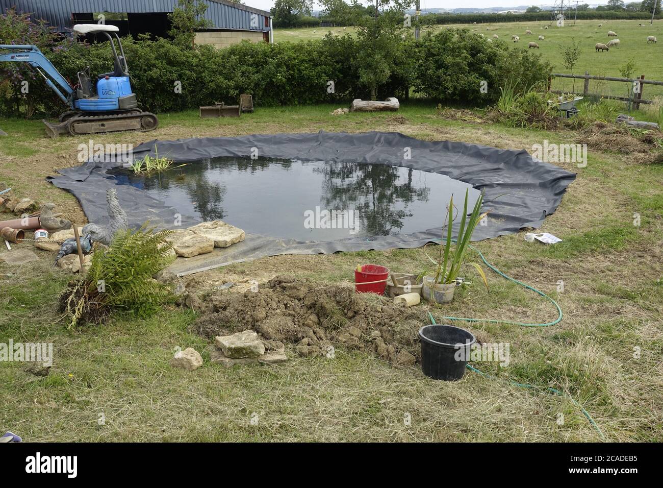Costruzione di laghetti da giardino con liner in gomma EPDM, Cpotswolds, Regno Unito Foto Stock