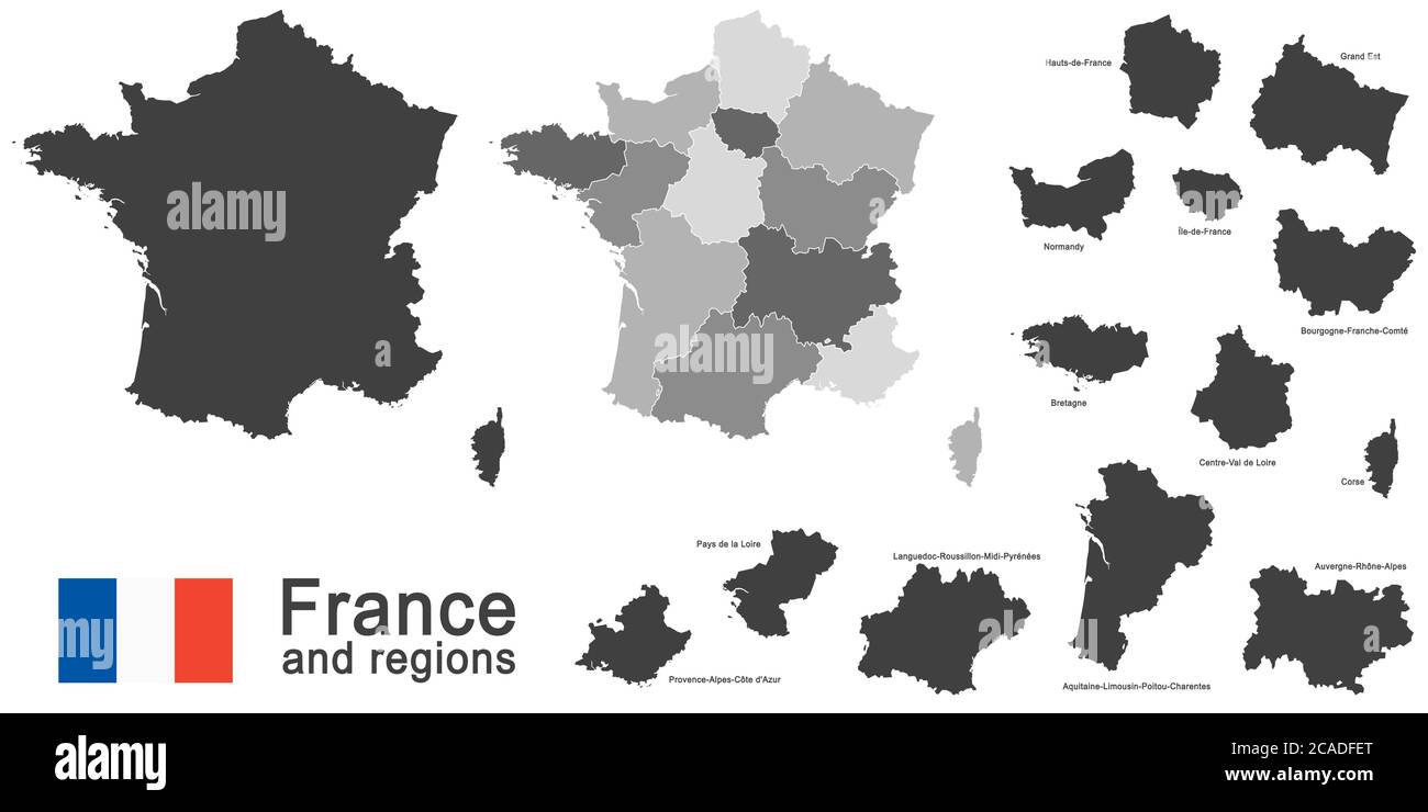 Sagome del paese europeo Francia e nuove regioni Illustrazione Vettoriale