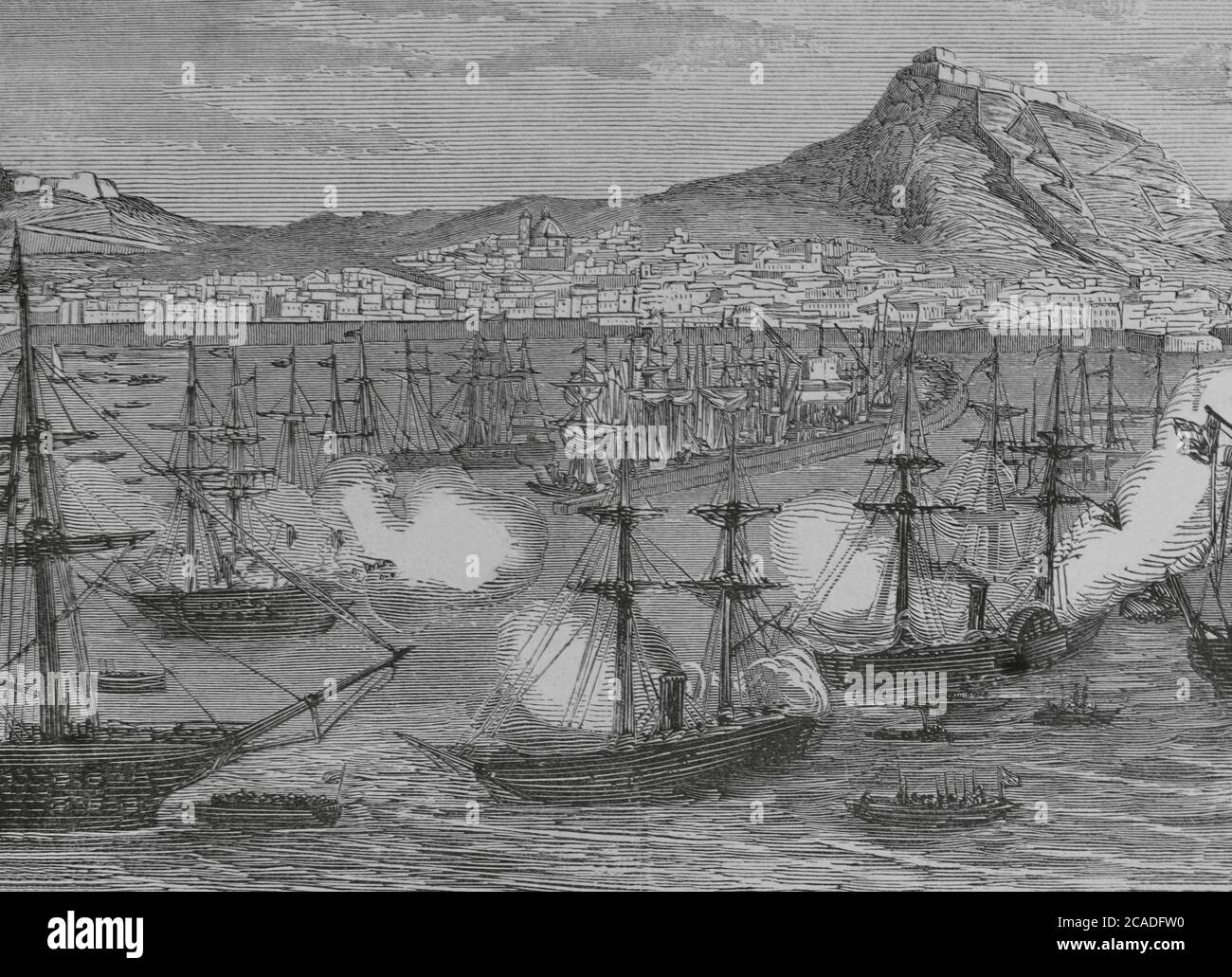 Spagna, Alicante. Panoramica della città e del porto. Incisione, 19 ° secolo. Cronica Generale de España. Historia Ilustrada y Descrizione de sus Provincias. Valencia, 1867. Foto Stock