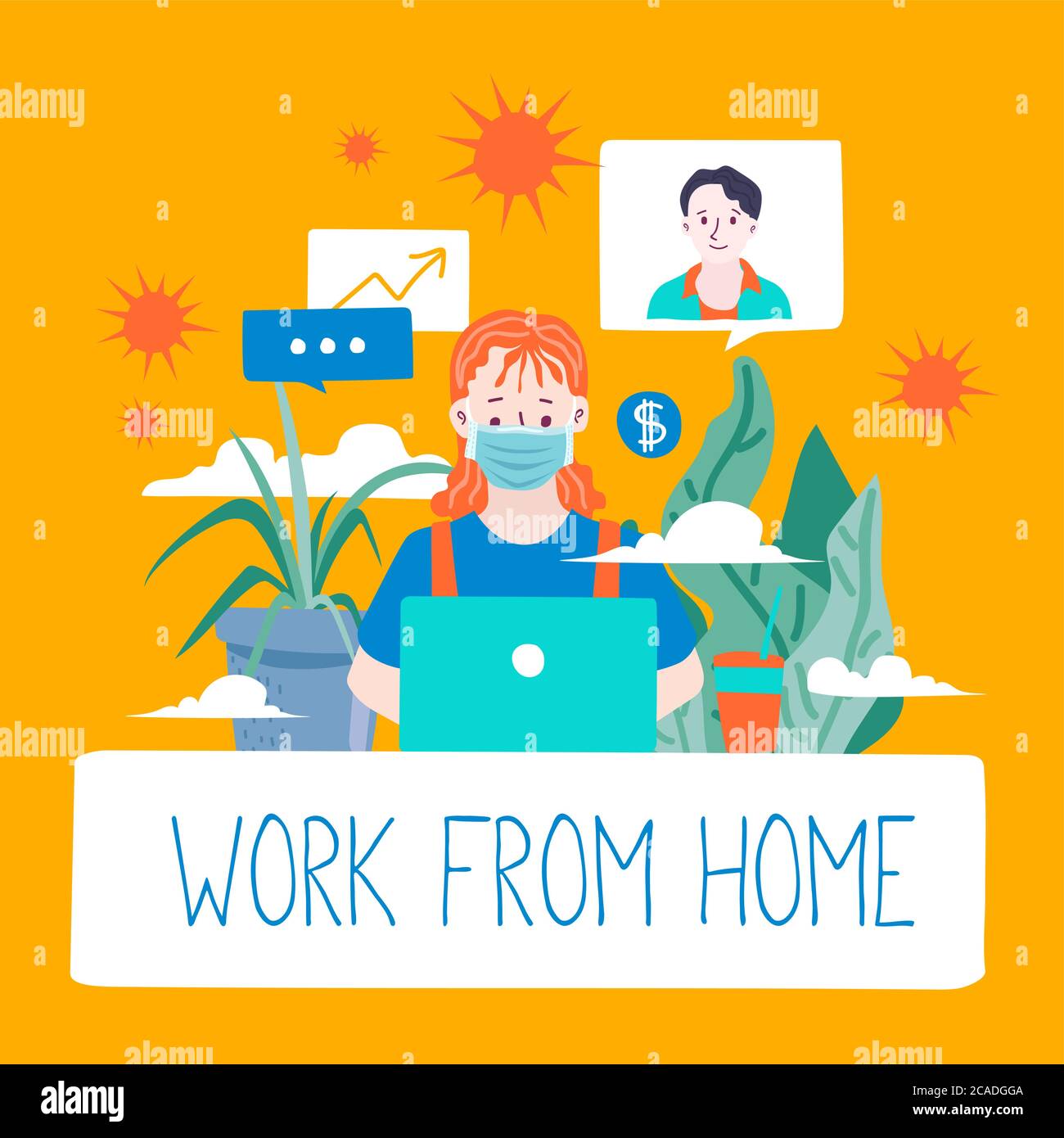 Lavoro da casa durante la comparsa del virus COVID-19. Le persone lavorano a casa per prevenire l'infezione da virus. Illustrazione vettoriale Illustrazione Vettoriale