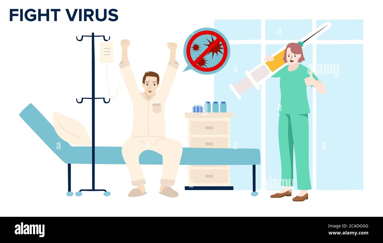 Il medico che tiene la siringa e felice con i risultati di un paziente ha testato negativo per COVID 19 o il virus della corona. Illustrazione vettoriale Illustrazione Vettoriale