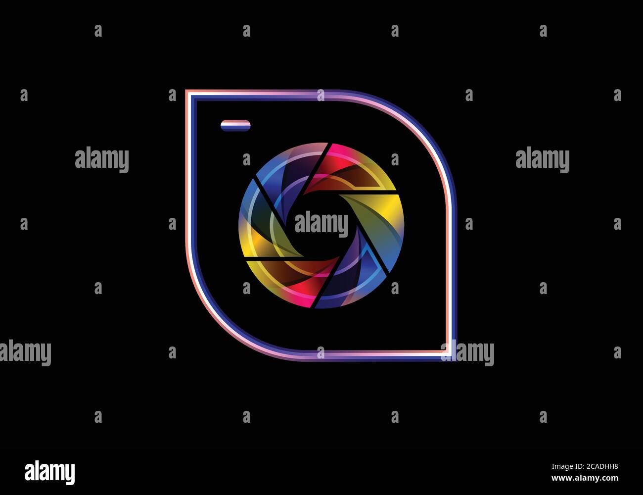 Icona dell'obiettivo con zoom della fotocamera. Concetto astratto di design del logo fotografico. Illustrazione Vettoriale