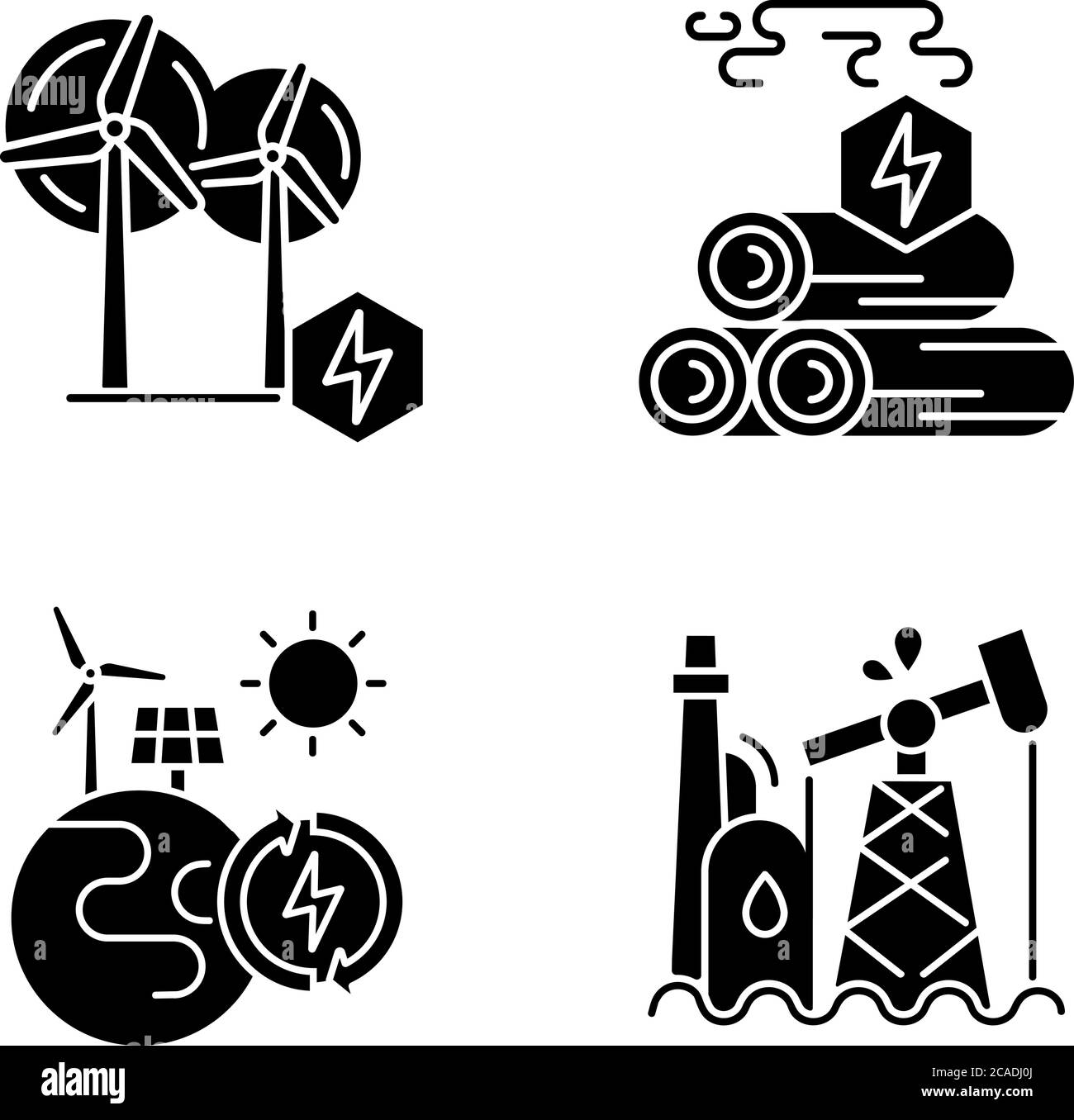 Icone di glifo nero a energia tradizionale e alternativa impostate sullo spazio bianco. Simboli di silhouette per l'energia del legno, la raffineria di petrolio e le centrali rinnovabili. Na Illustrazione Vettoriale