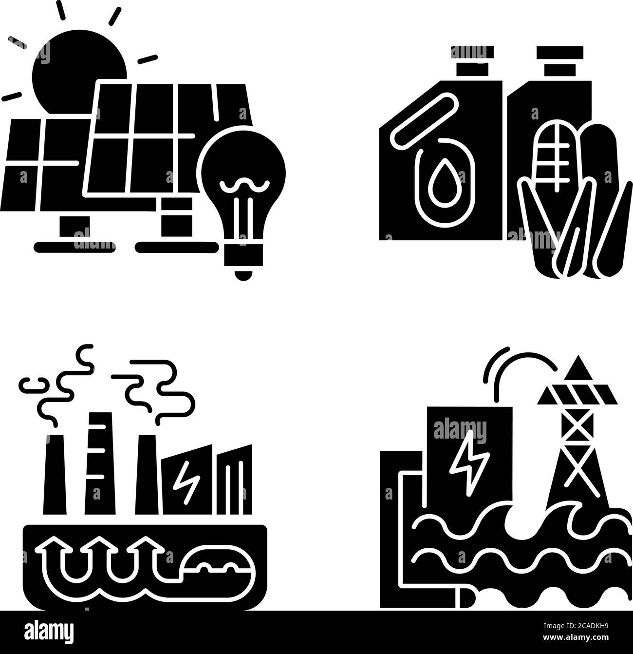 Icone glifo nero energia alternativa impostate sullo spazio bianco. Pannelli solari, centrali geotermiche, centrali idroelettriche e simboli della silhouette dei biocarburanti. R Illustrazione Vettoriale