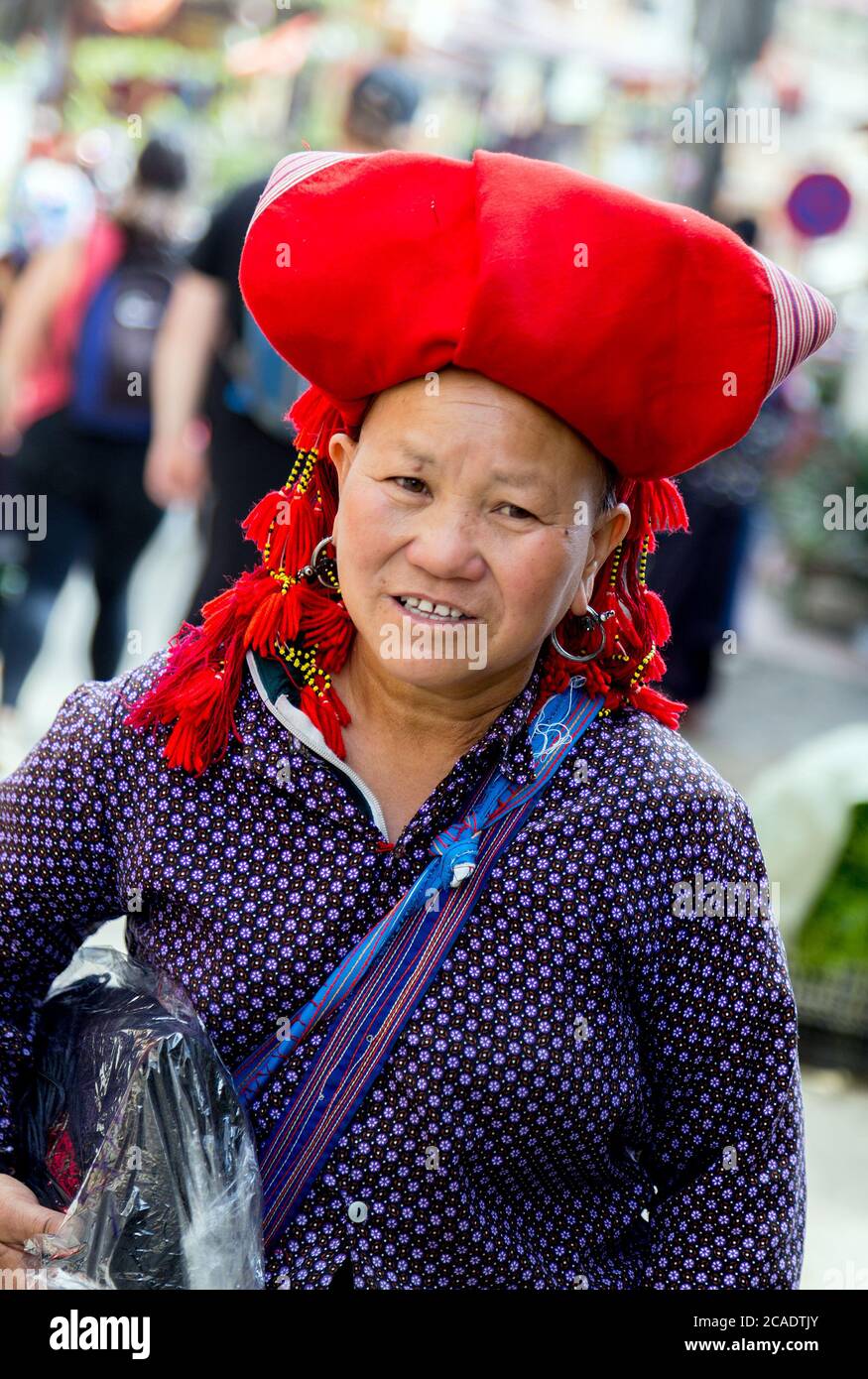 TA PHIN, LAO CAI, VIETNAM - 21 NOVEMBRE 2014: Donna del gruppo di minoranza Red Dao che indossa l'indirizzo tradizionale vicino al villaggio di Ban ho, distretto di Sapa, Lao Cai, Foto Stock