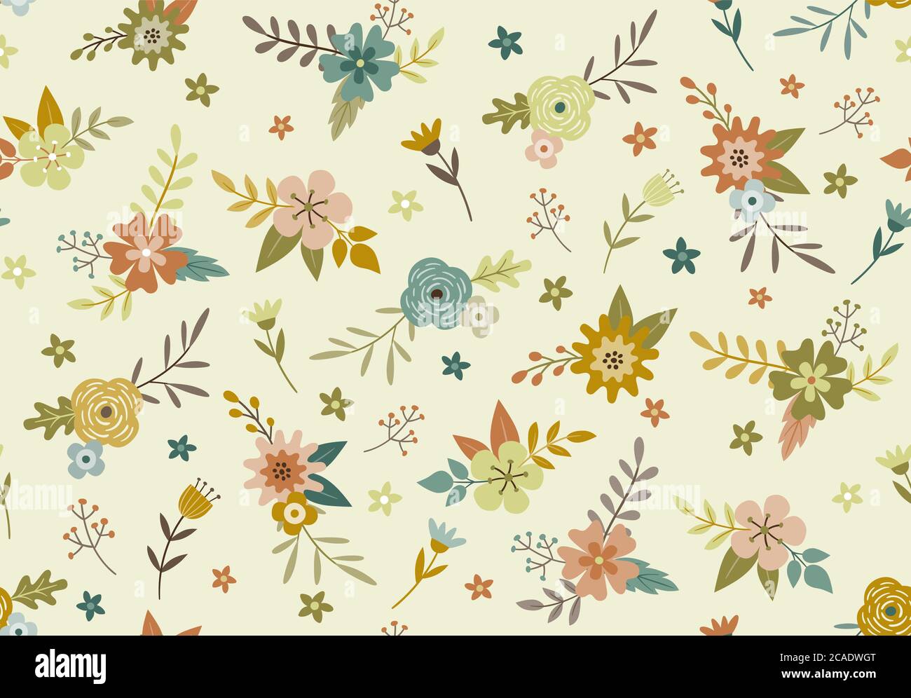 Motivo floreale autunnale senza cuciture. Graziosi fiori, foglie e rami disegnati a mano con colore autunnale. Illustrazione vettoriale. Illustrazione Vettoriale