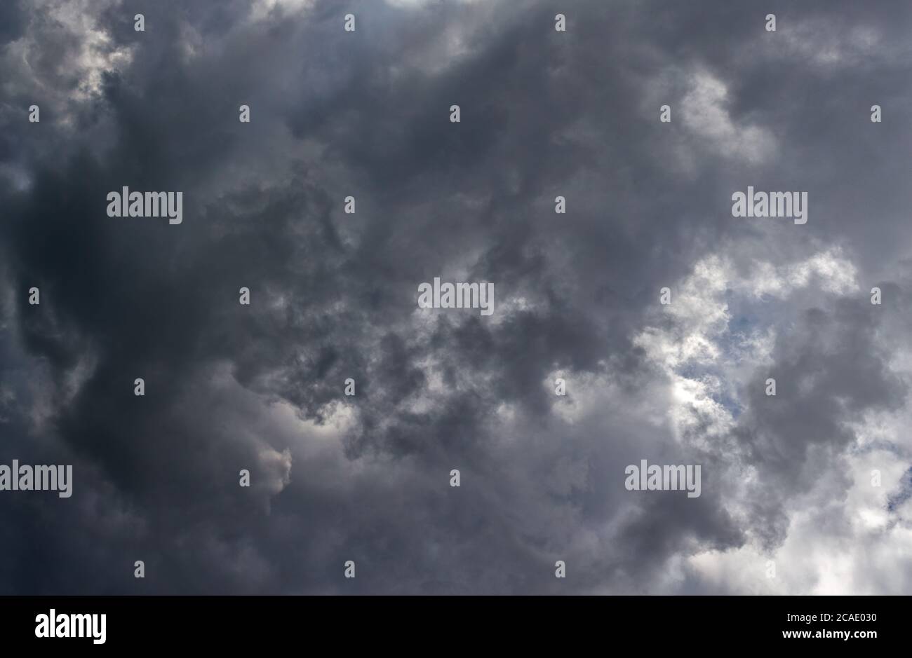 Grigio estate tempesta nuvole sfondo. Vista Zenith dalla superficie del terreno. Foto Stock