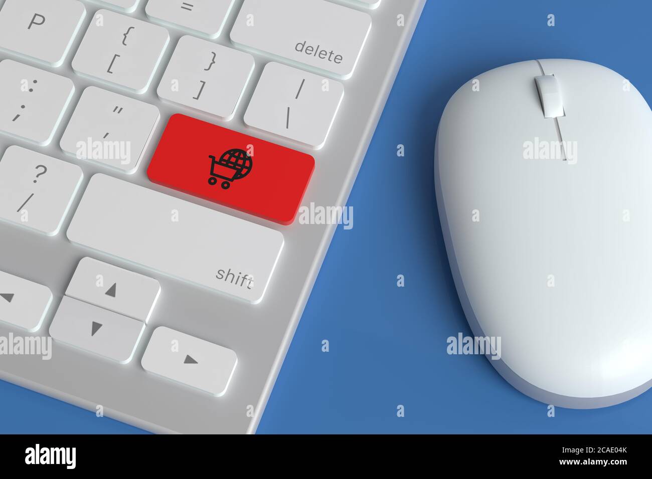 Tastiera del computer con l'icona 'e-commerce' su un tasto accanto a un mouse. illustrazione 3d. Foto Stock