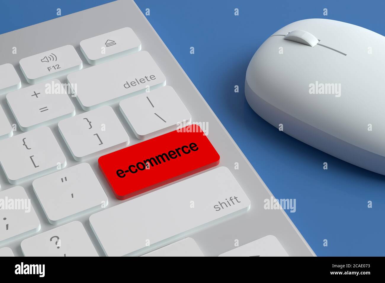 Tastiera del computer con il testo 'e-commerce' su un tasto accanto a un mouse. illustrazione 3d. Foto Stock