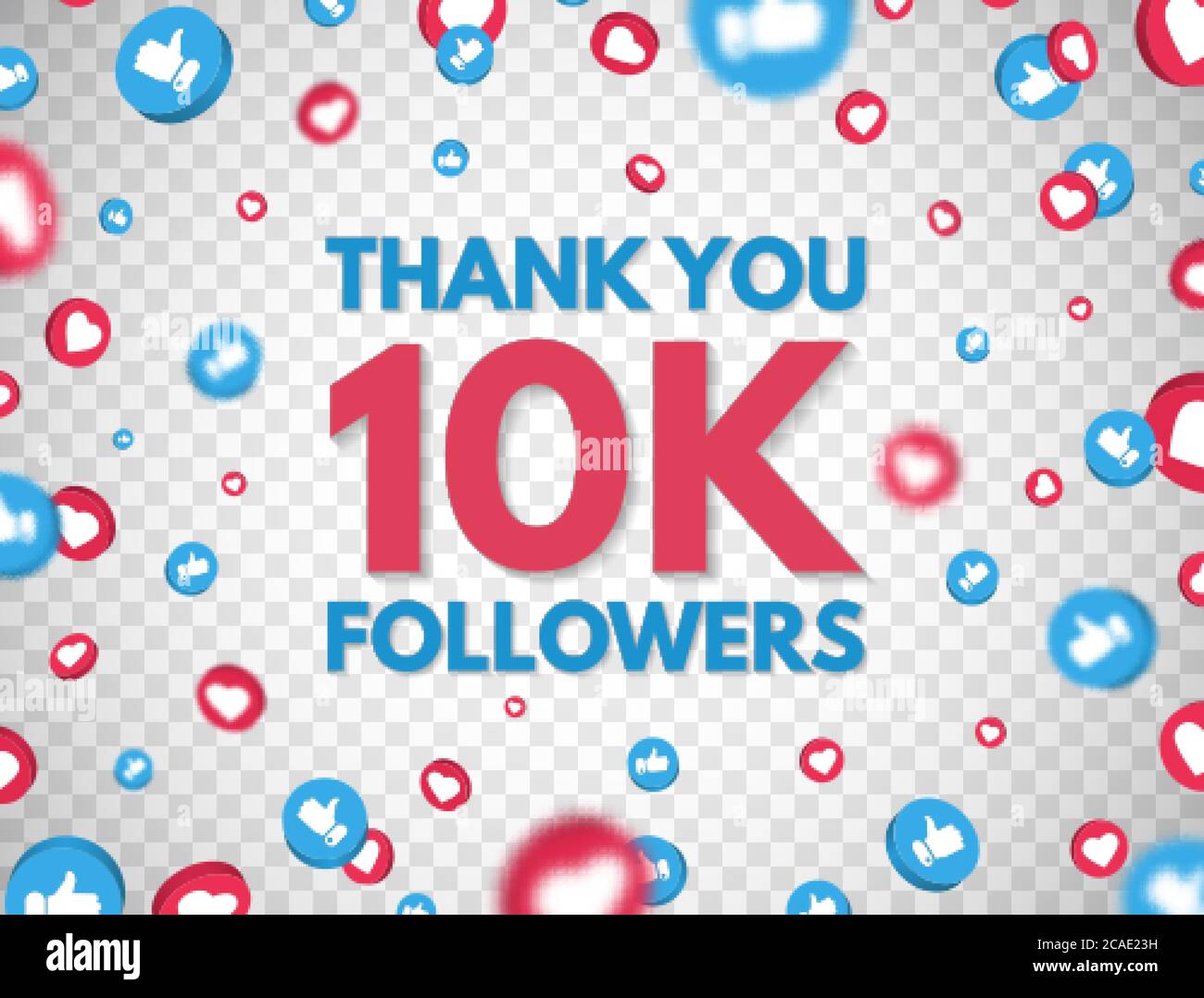 Grazie 10k seguaci sfondo con caduta mi piace e pollici su icona. 10 000 seguaci banner di celebrazione. Concetto di social media. obiettivo postale Illustrazione Vettoriale