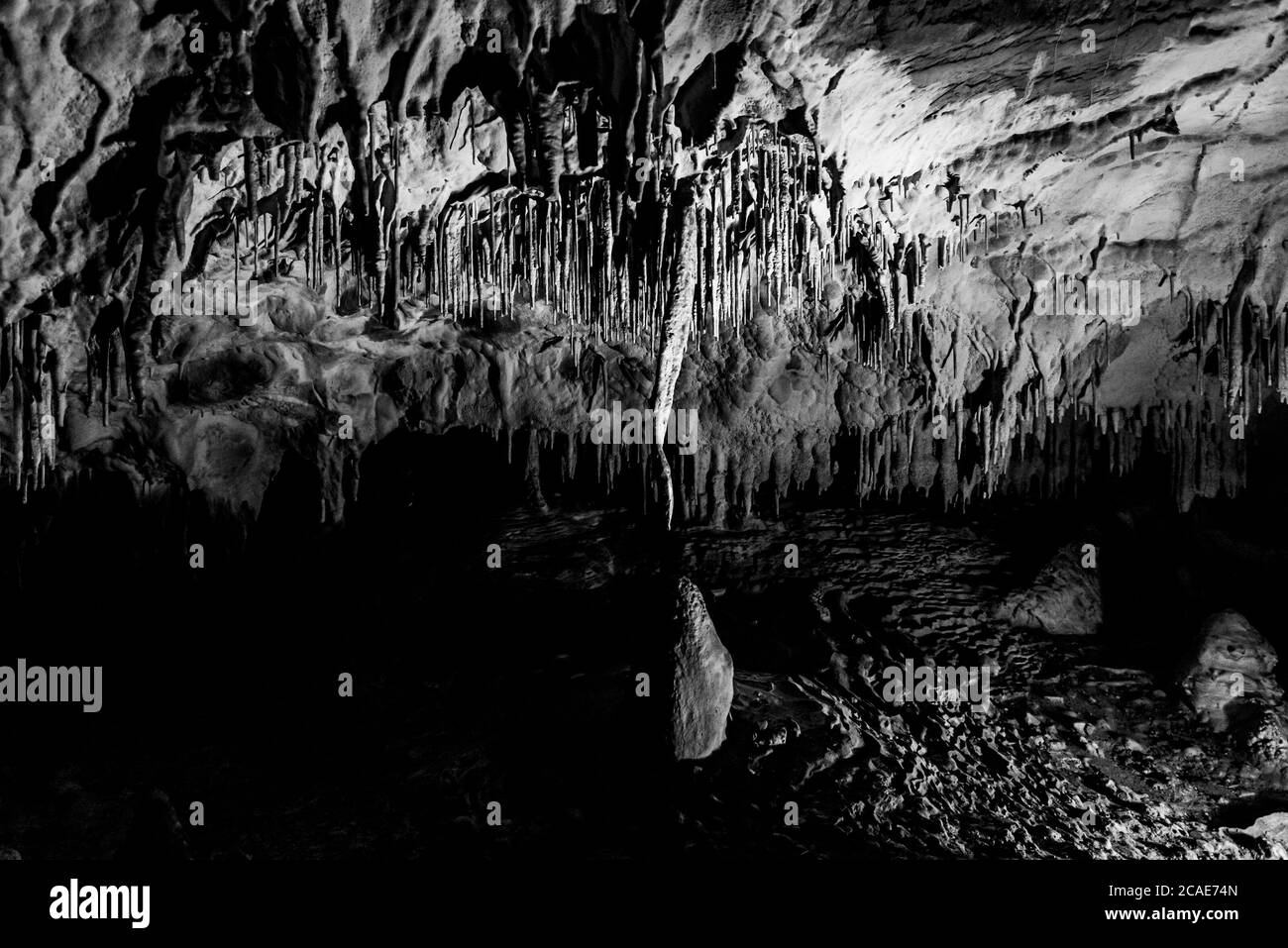 Illuminate pittoresche formazioni rocciose carsiche nella grotta di Balcarka, Carso Moravo, Ceco: Moravsky Kras, Repubblica Ceca. Immagine in bianco e nero. Foto Stock