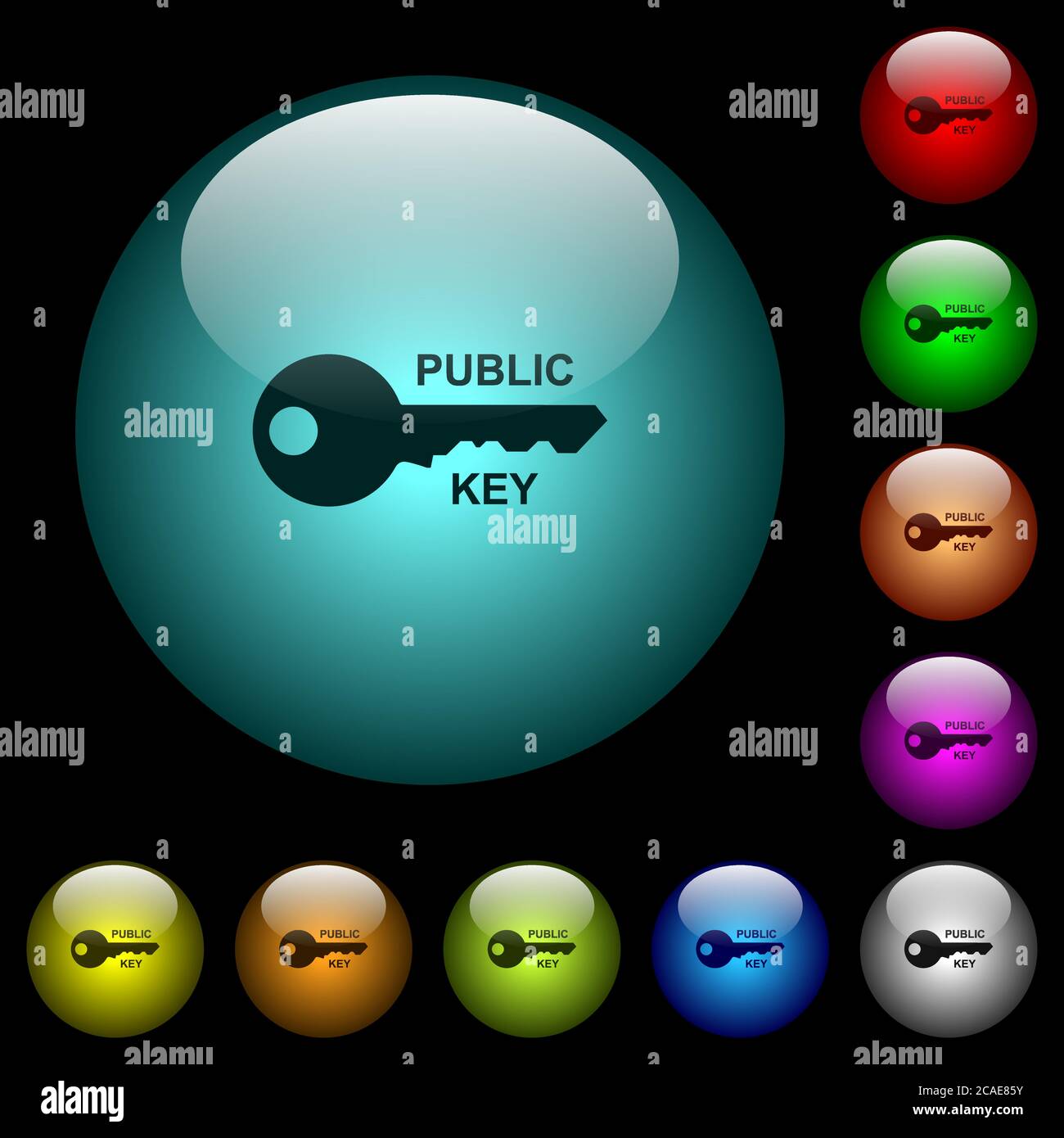 Icone chiave pubbliche a colori pulsanti in vetro sferico illuminati su sfondo nero. Può essere utilizzato per modelli neri o scuri Illustrazione Vettoriale