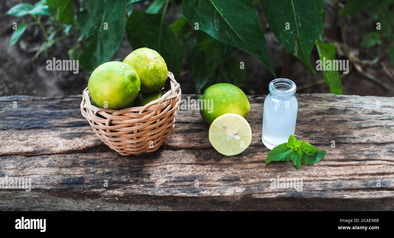 Un cestino pieno di limoni e succo di limone in un piccolo vasetto da closeup Foto Stock