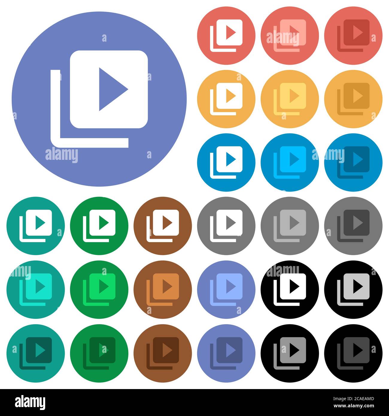 Libreria video icone piatte multicolore su sfondi rotondi. Incluse variazioni delle icone bianche, chiare e scure per il passaggio del mouse e gli effetti di stato attivo e b Illustrazione Vettoriale