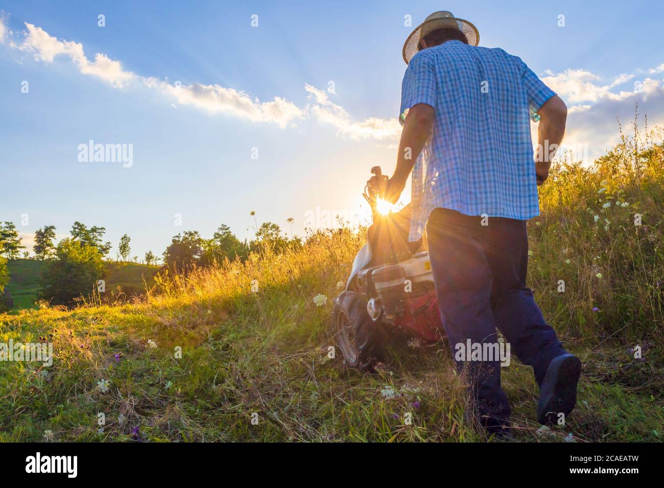 Estate fattoria Scenic. Uomo Seniour che aziona il rasaerba a barra di falcola nel campo Foto Stock