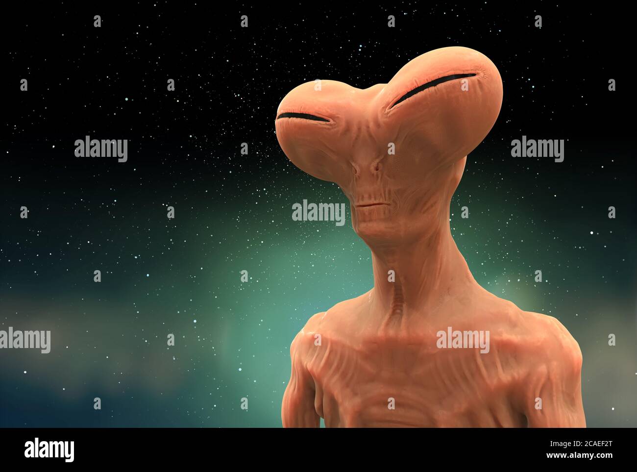 Personaggio alieno e visitatore UFO e creatura umanoide extraterrestre che sospira concetto come un simbolo per la ricerca di vita intelligente. Illustrazioni 3D Foto Stock