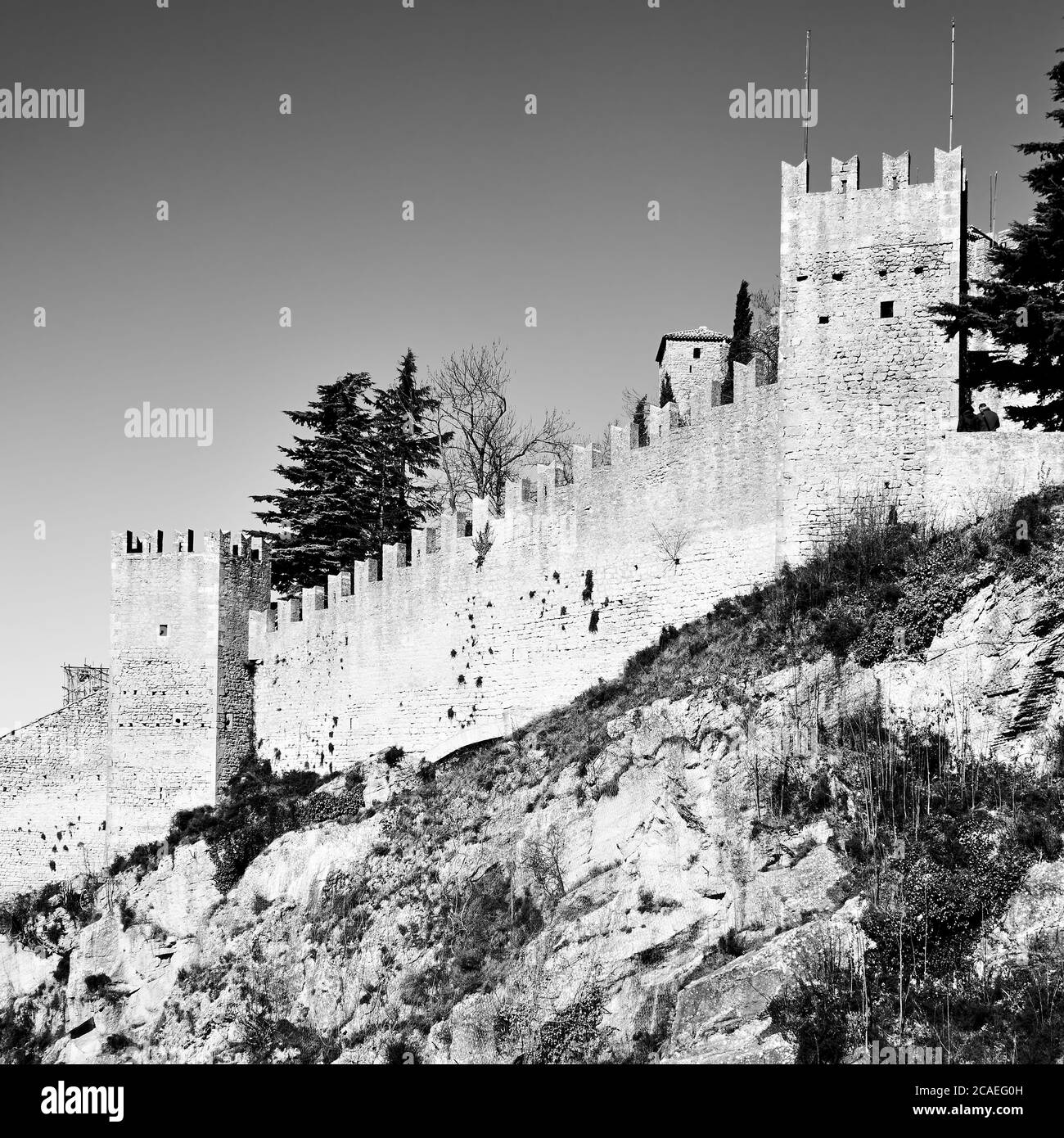 Le Mura cittadine di San Marino, il Ressalore di San Marino. Fotografia in bianco e nero Foto Stock