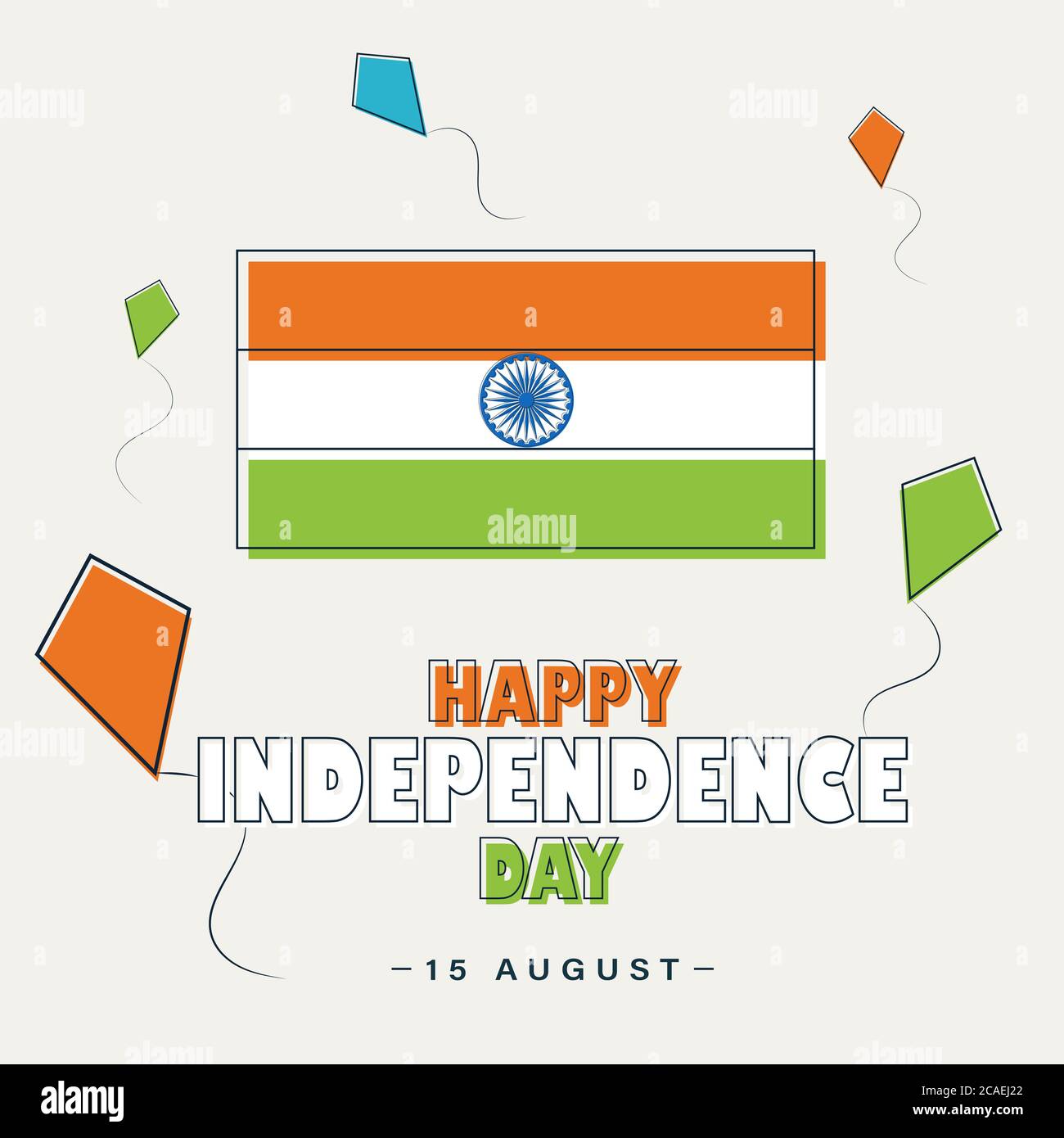 Happy Independence Day India, 15 agosto, kite e poster di saluto bandiera indiana, flat illustrazione, vettore Illustrazione Vettoriale