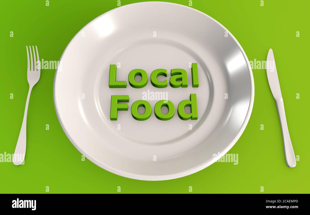 Concetto alimentare locale su una piastra 3d rendering isolato su sfondo verde Foto Stock
