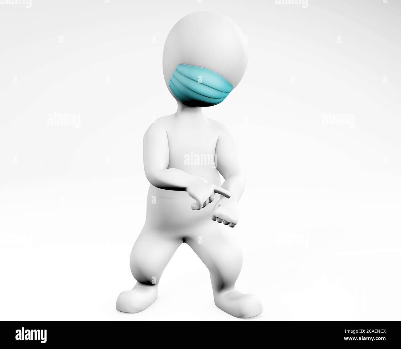 Uomo con maschera arrabbiato per essere in ritardo gesto 3d rendering isolato su bianco Foto Stock