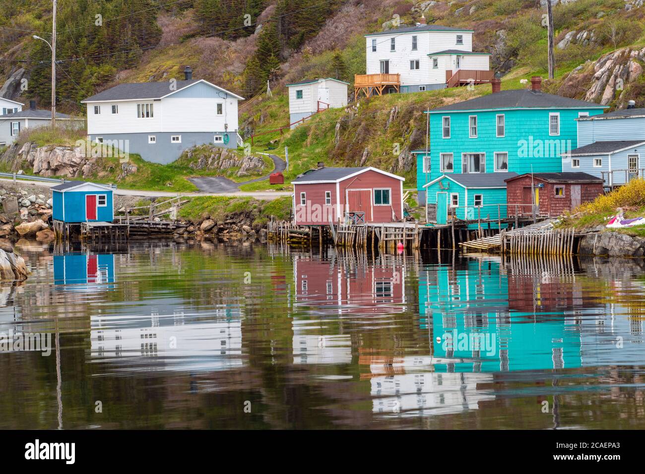 Case colorate che si affacciano sul porto interno di Rose Blanche, con barche da pesca ormeggiate, Rose Blanche, Terranova e Labrador NL, Canada Foto Stock
