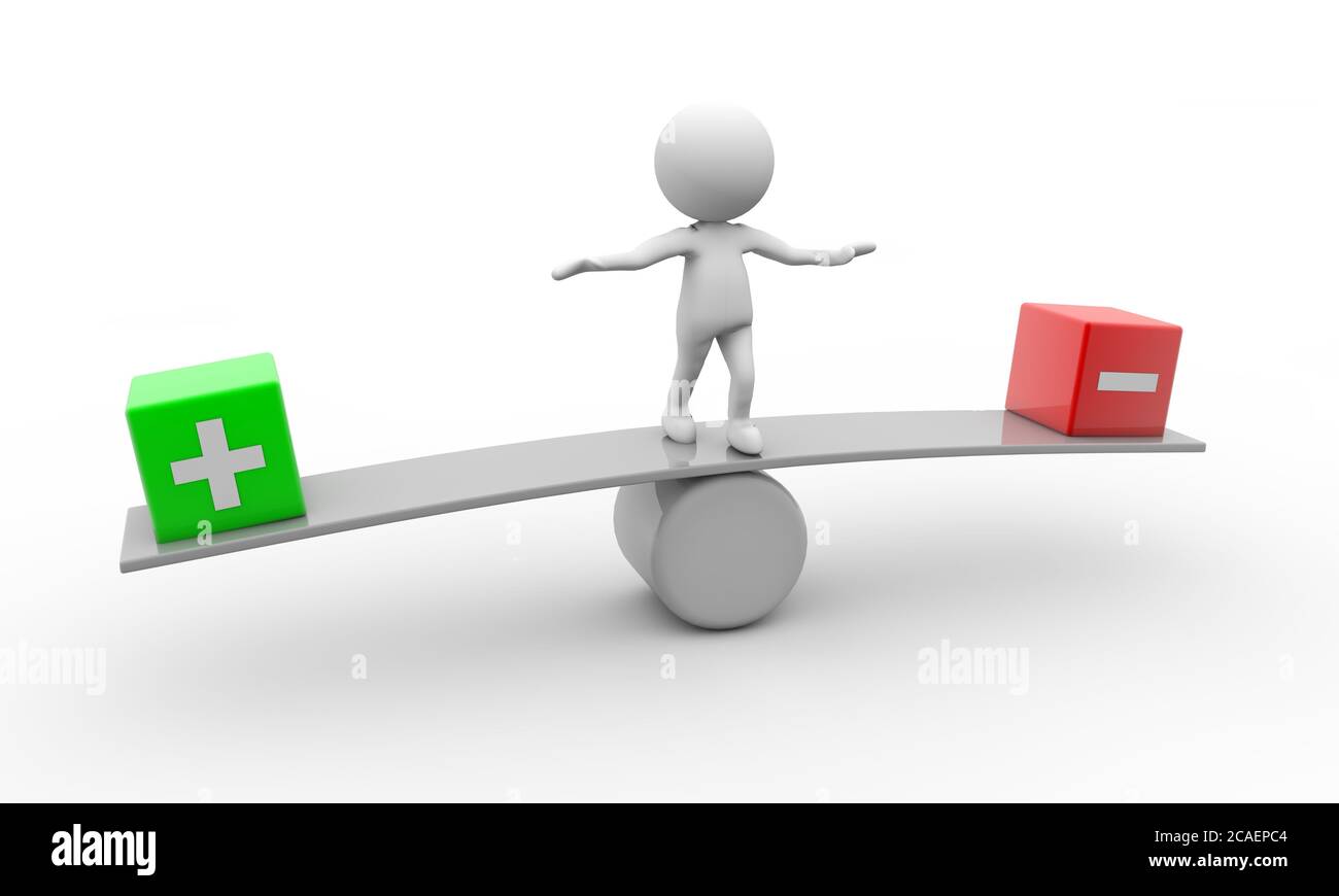 Rappresentazione 3D di un'icona umana che si bilancia tra di loro meno e più su sfondo bianco Foto Stock