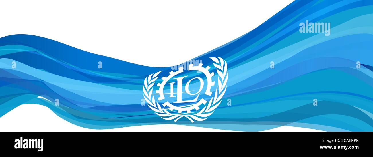 Bandiera blu chiaro con il logo dell'organizzazione internazionale del lavoro Foto Stock