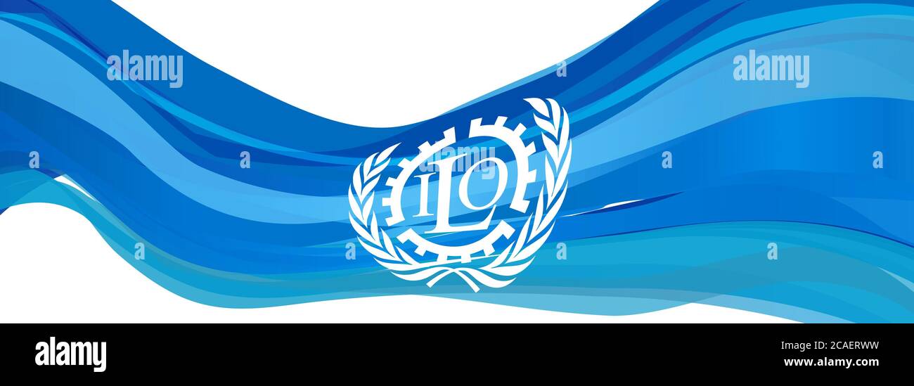 Bandiera blu chiaro con il logo dell'organizzazione internazionale del lavoro Foto Stock