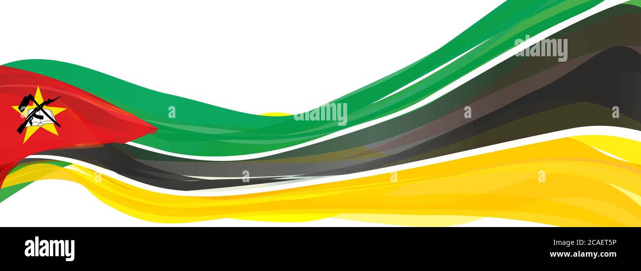 Bandiera del Mozambico, verde nero e giallo con un triangolo rosso Bandiera della Repubblica del Mozambico Foto Stock