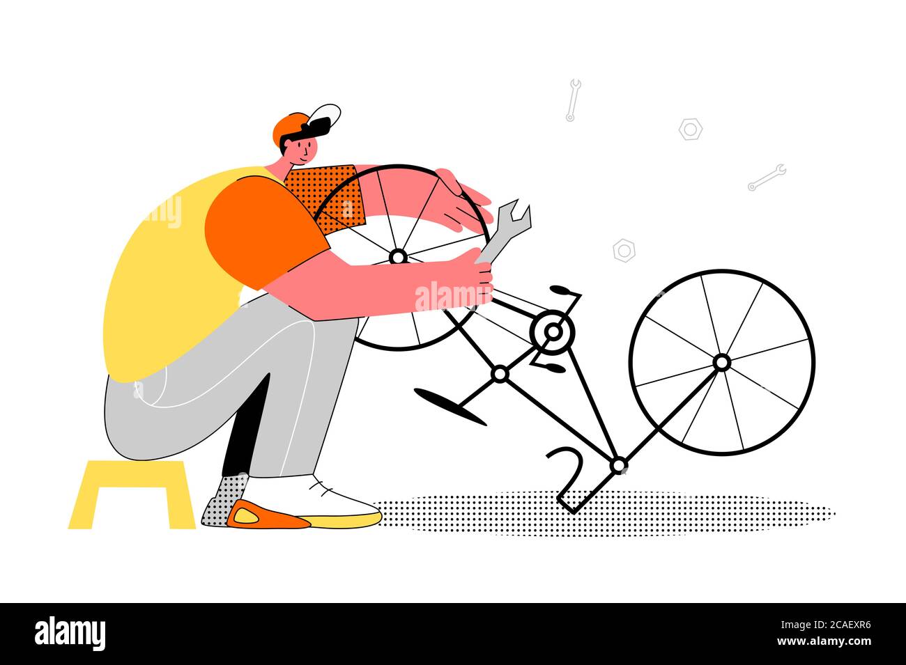 Riparazione biciclette. Illustrazione vettoriale di stile piatto. Illustrazione Vettoriale