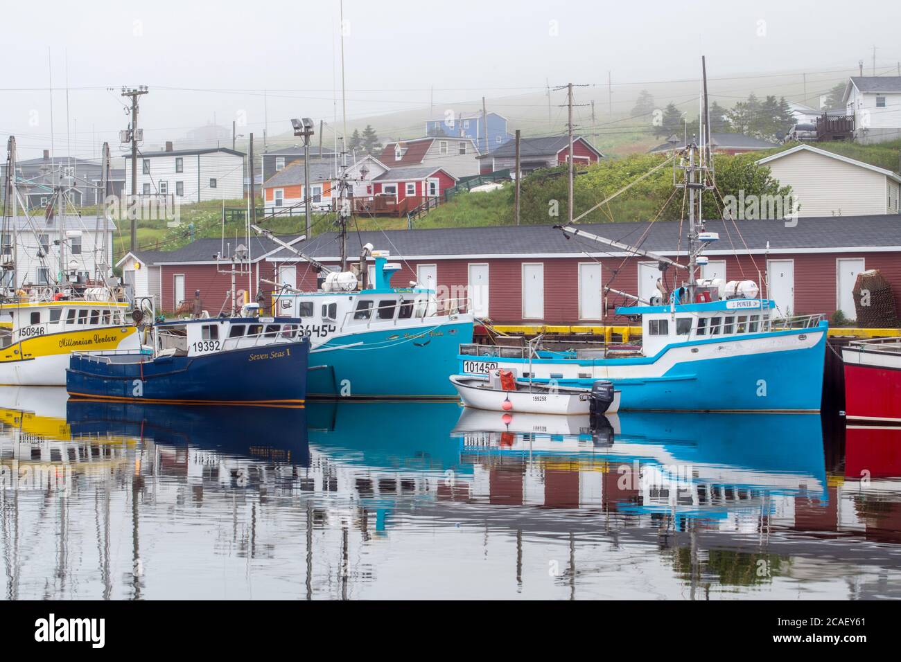 Barche colorate e casa nella nebbia, Branch, Terranova e Labrador NL, Canada Foto Stock